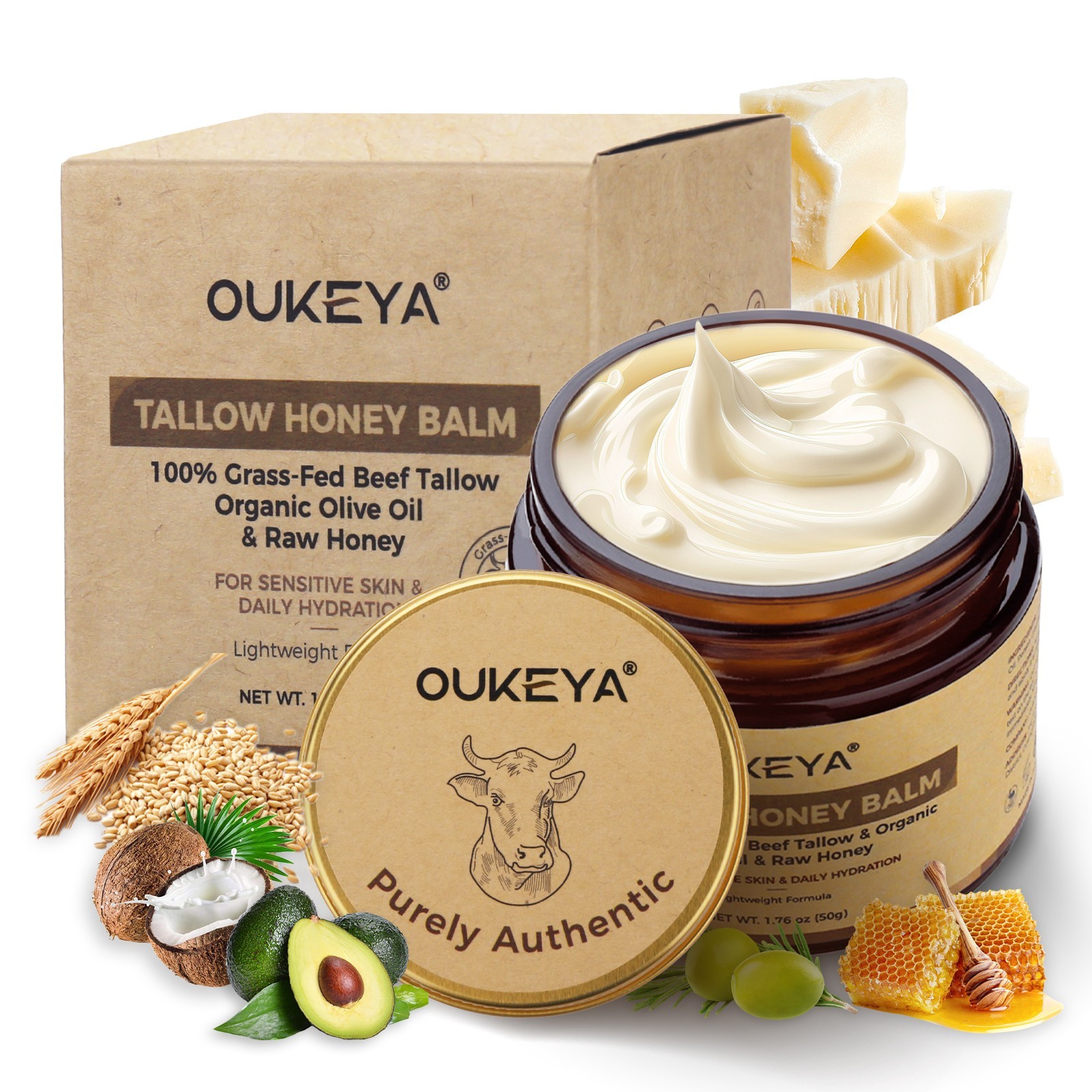 OUKEYA 100% Grass-Fed Beef Tallow Balm Deep Moisturizing Face Cream For Skin