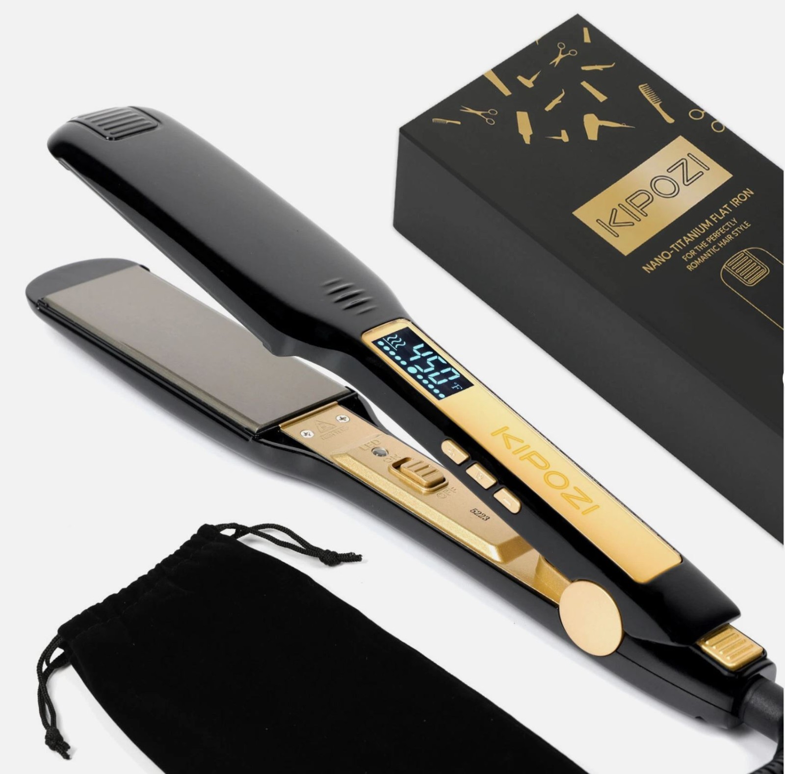 KIPOZI 1.75″ Salon Hair Straightener Titanium Flat Iron LCD Display – Black