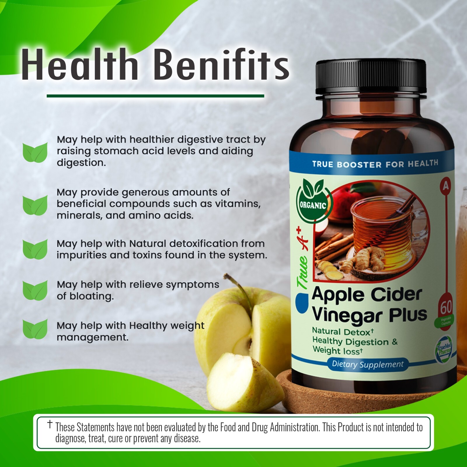 TrueMed Apple Cider Vinegar Plus Ginger Root Cinnamon 650mg 60 Capsules