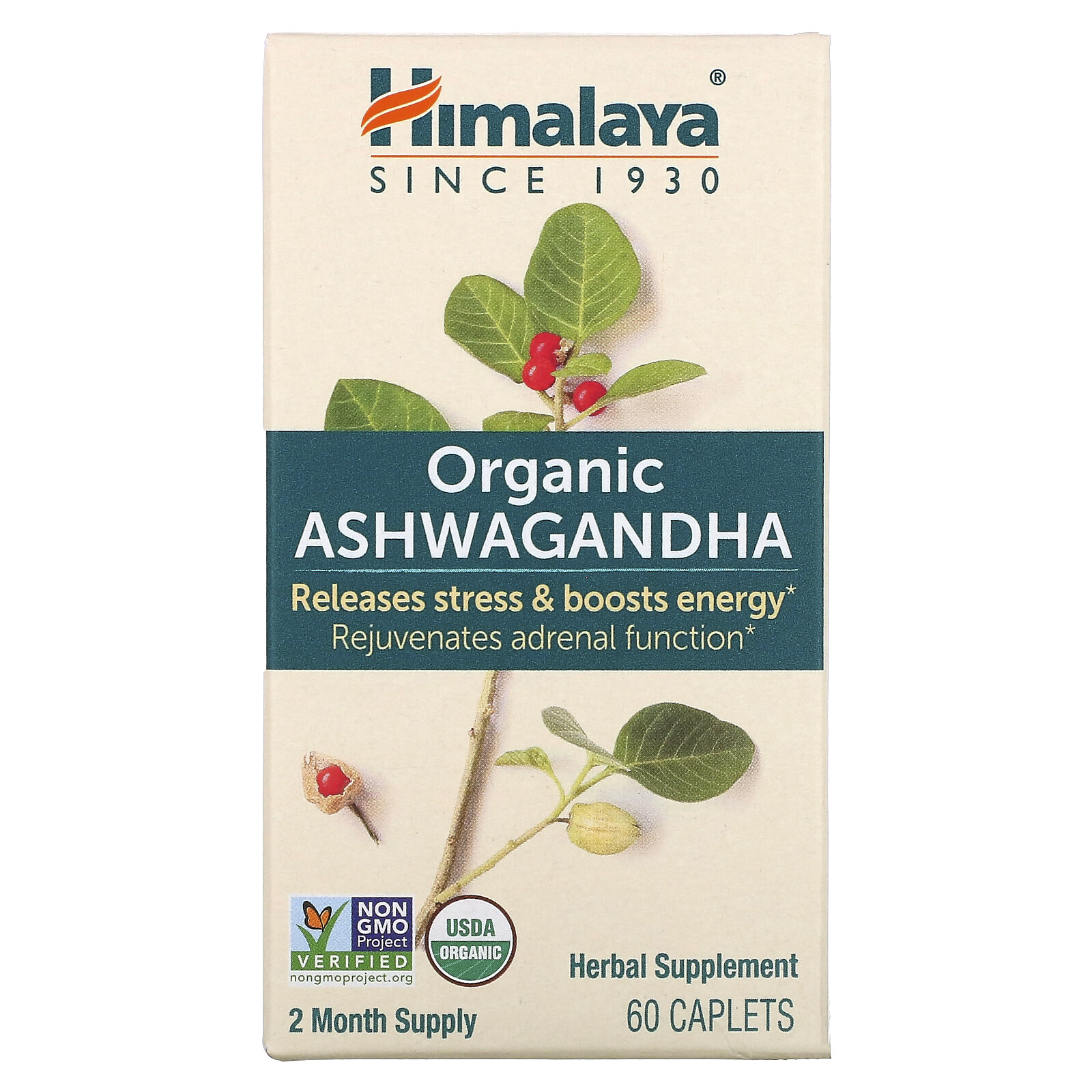 Himalaya Ashwagandha 60 Caplets Dairy-Free, Gluten-Free, GMP Quality Assured,