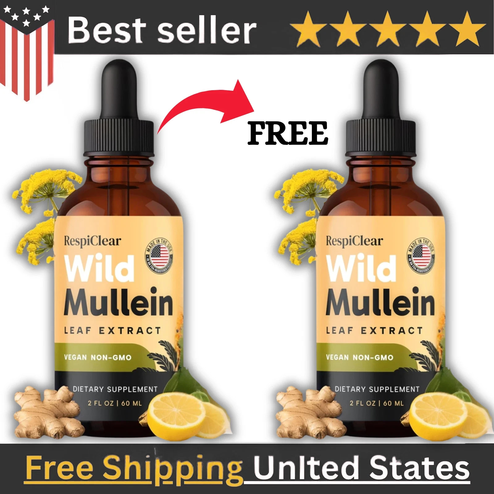 RESPICLEAR -2pc Mullein Drops featuring Ginger & Lemon for Lung Cleanse All-N…