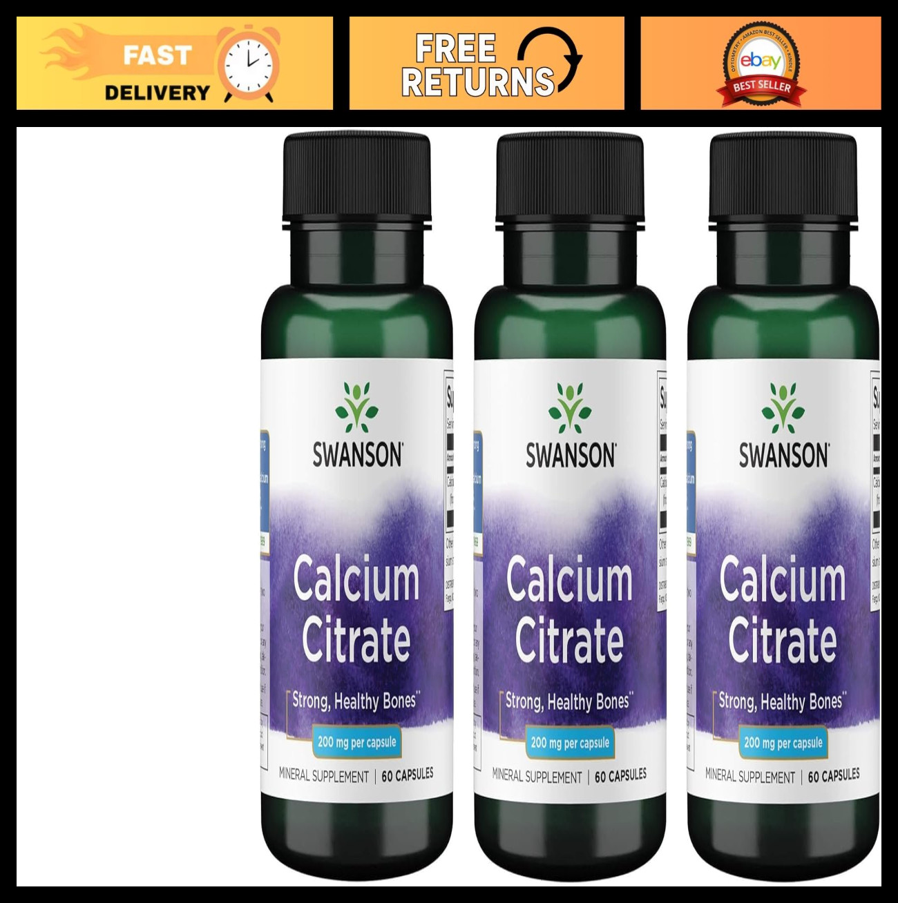 Calcium Citrate 200 mg – 60 Capsules (3 Pack) – Bone Health & Support Supplement