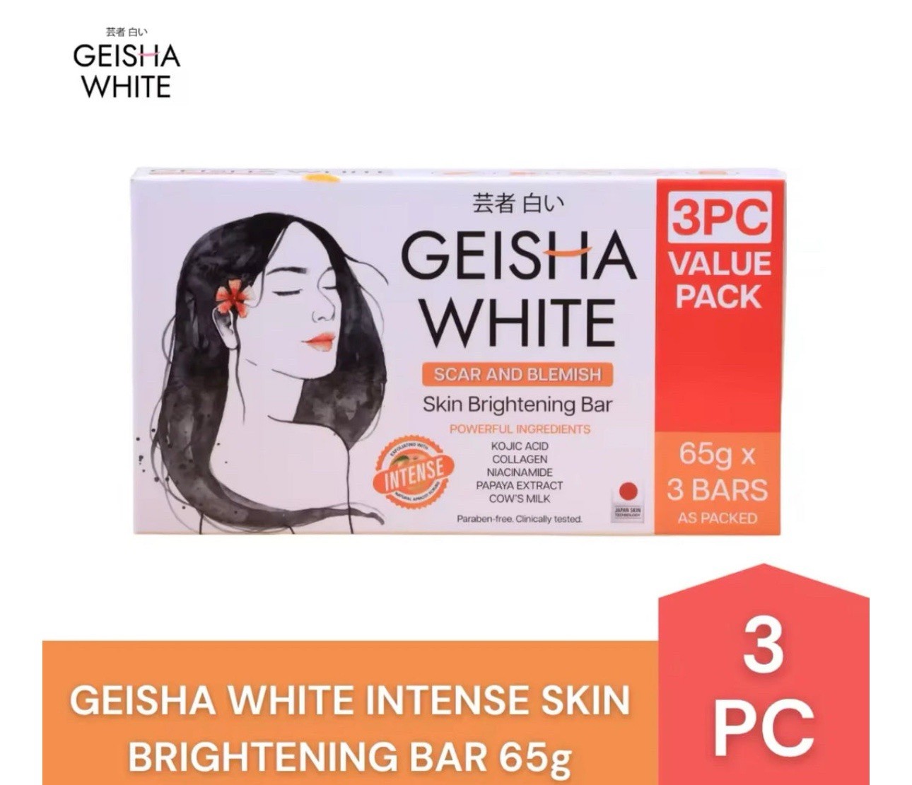 Geisha White INTENSE – Scar & Blemish Kojic Bar Soap – 3 X 65g (1 Box)