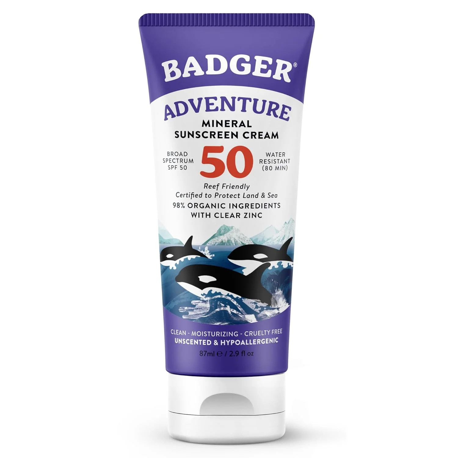 Badger Reef Safe Mineral Sunscreen, SPF 50, 98% Organic with Zinc Oxide, Non Tox