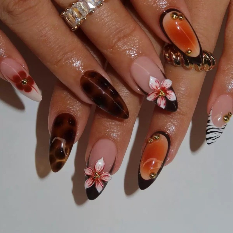 48Pcs-Retro Stiletto False Nails Tortoise Shell Floral Zebra Print Press on Nail