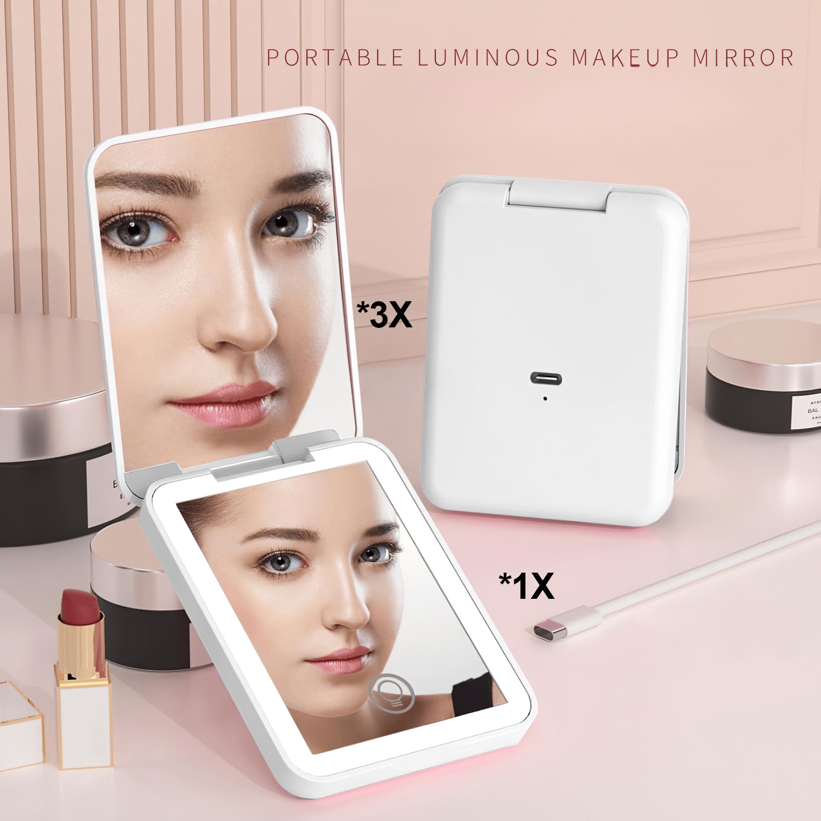 LED Mirror Pocket Makeup Mirror Compact Double Mirror with LED USB Rechargeable
