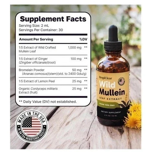 RespiClear Wild Mullein Leaf Extract Liquid Drops Vegan Non-GMO Lemon 1+1FREE