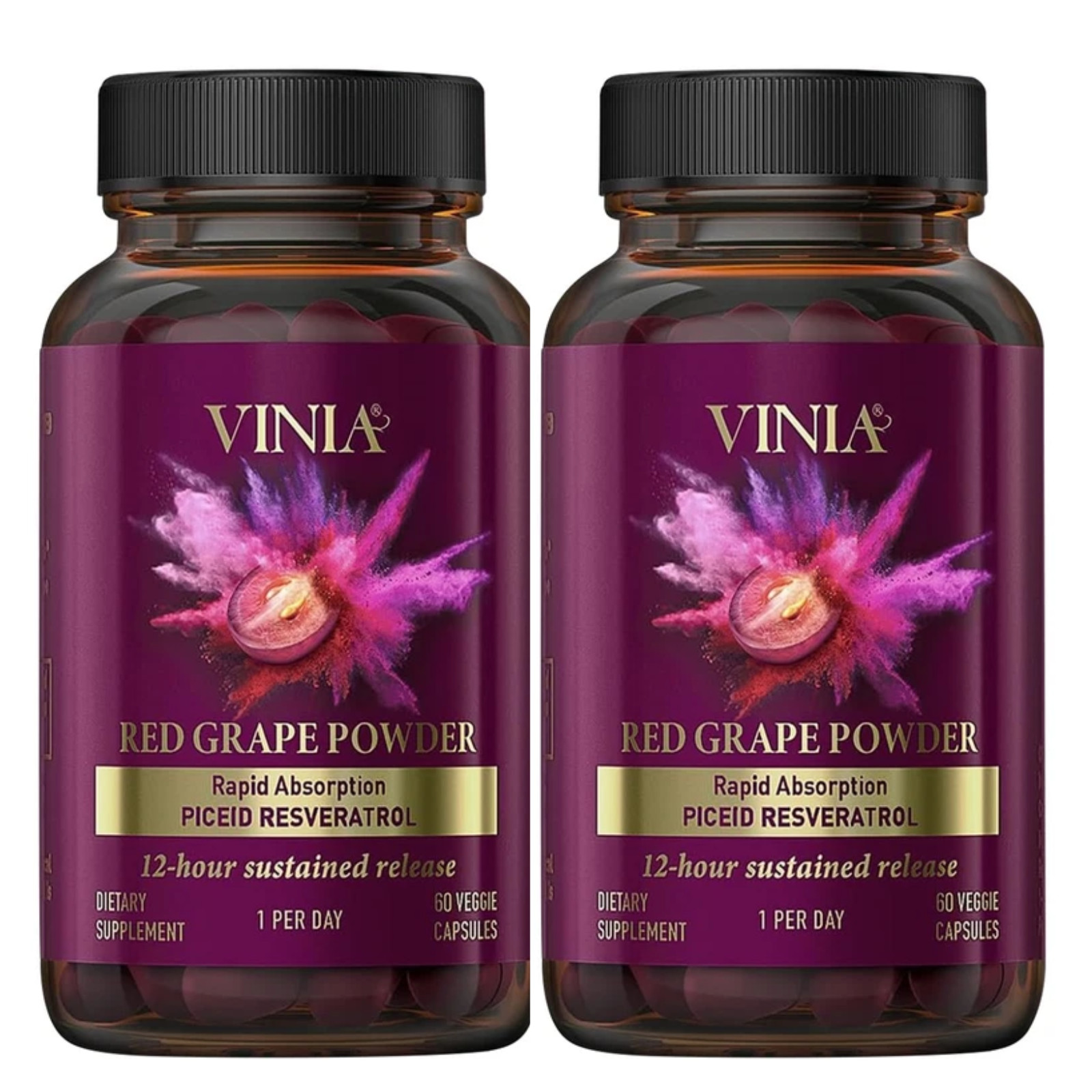 2 Pack Vinia 120 Capsules Red Grape Powder Piceid Resveratrol Rapid Absorption