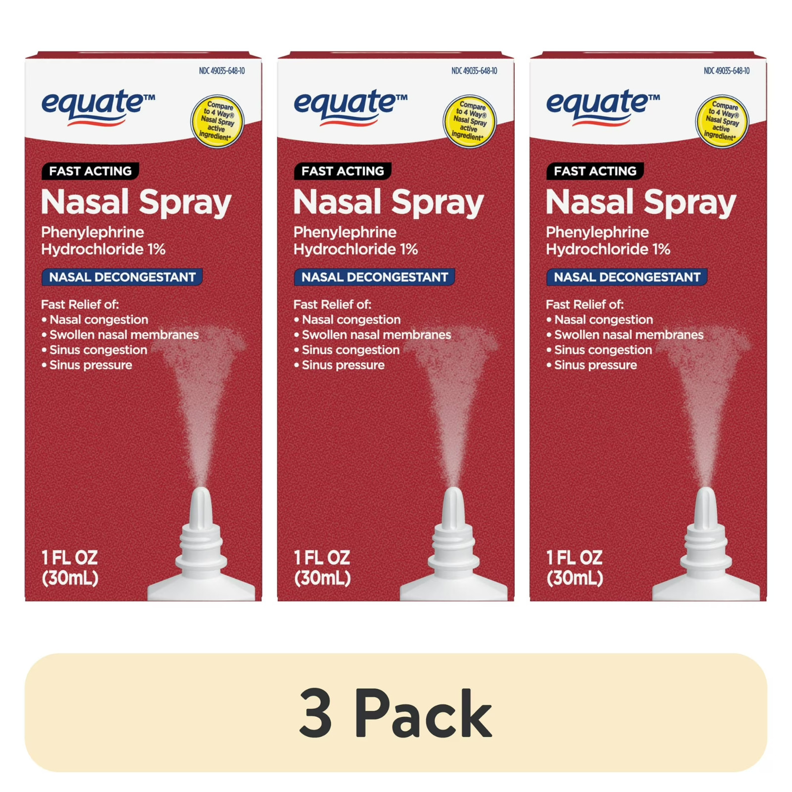 (3 pack) Equate Fast Acting Nasal Spray, Phenylephrne HCl 1%, 1 fl oz