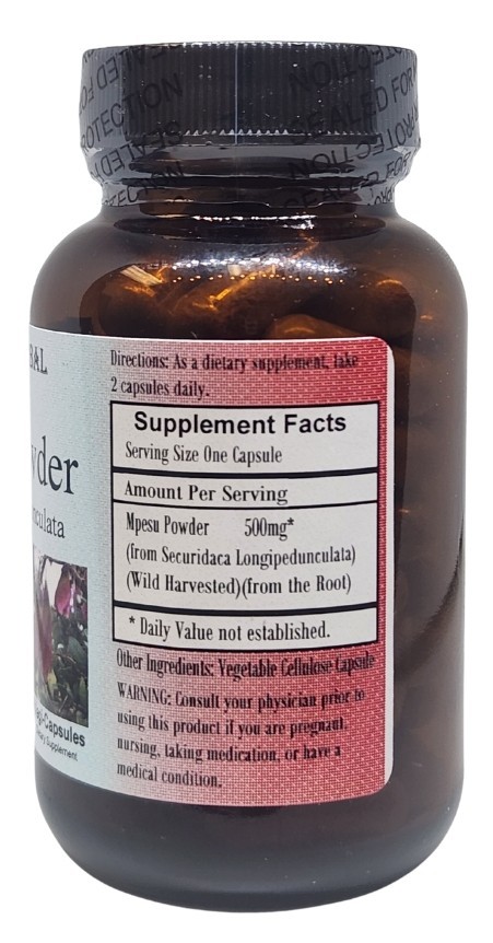 Mpesu Root Powder – 60 600mg Vegi-Caps, Stearate Free, Bottled in Glass