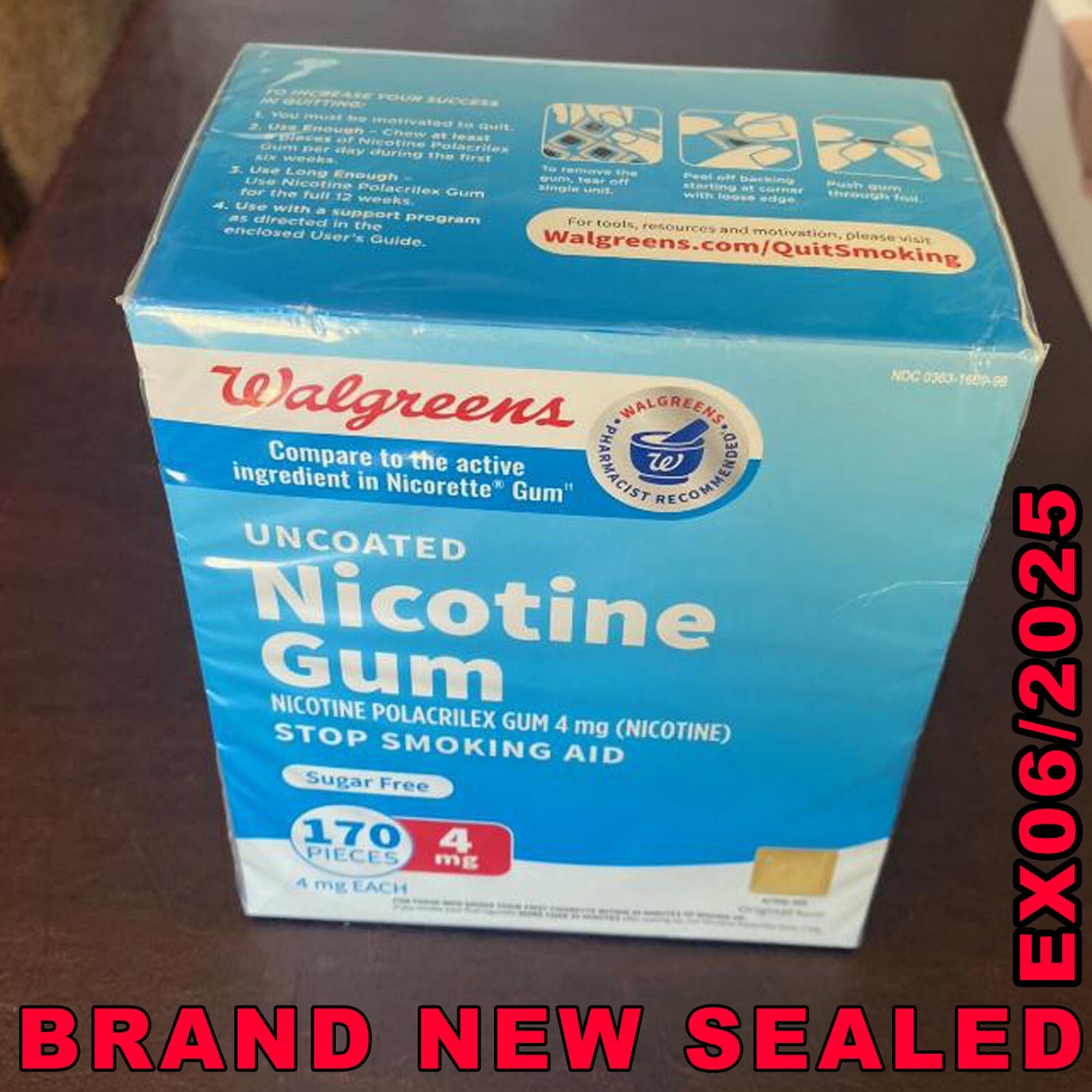 Nicotine Walgreen gum uncoated 4mg 170ct ORIGINAL sugar free EX06/25 SEALED