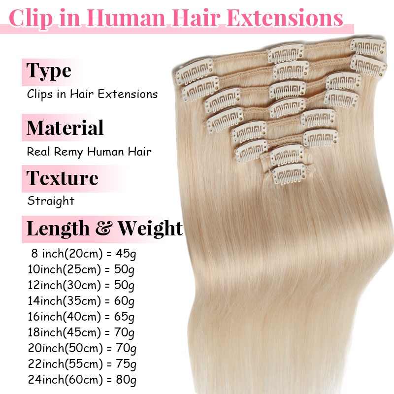 Clip In 100% Remy Real Human Hair Extensions 8 Pieces with 18 Clips Full Head