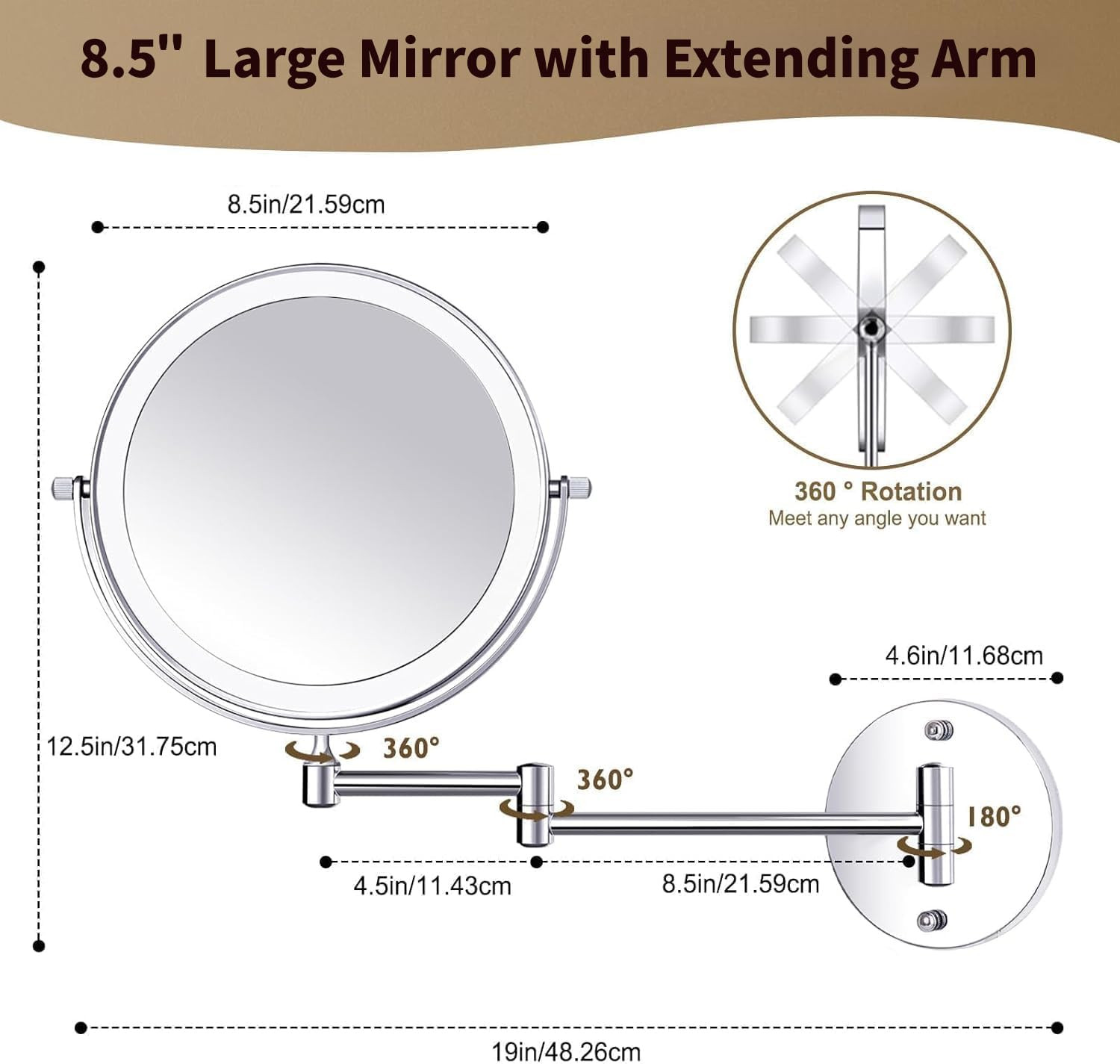8.5″ Wall Mounted Lighted Makeup Mirror, 3000 Mah Rechargeable Double-Sided 1X 1