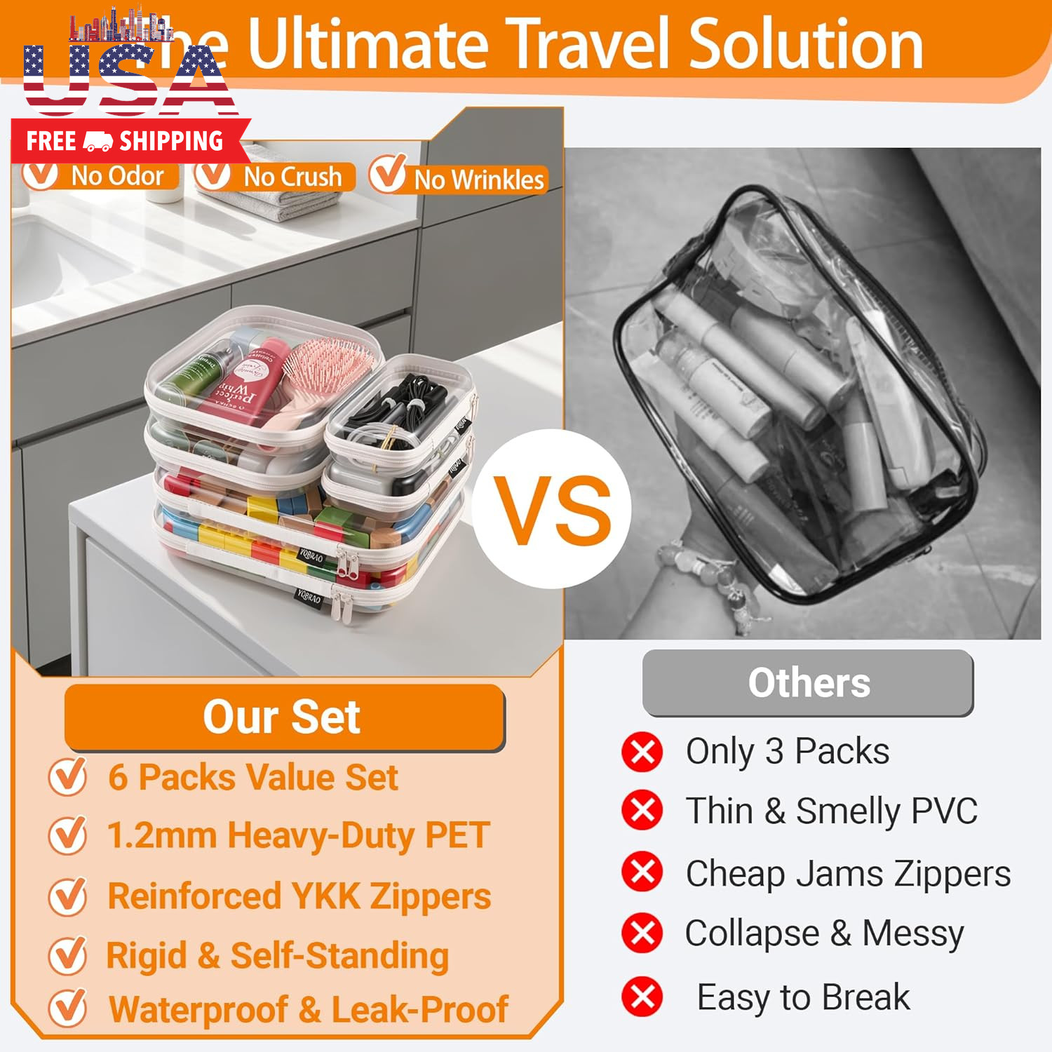 6 Pack Clear Hard Shell Zipper Case, 1.2Mm Heavy Duty Crush-Proof Diaper Bag Org
