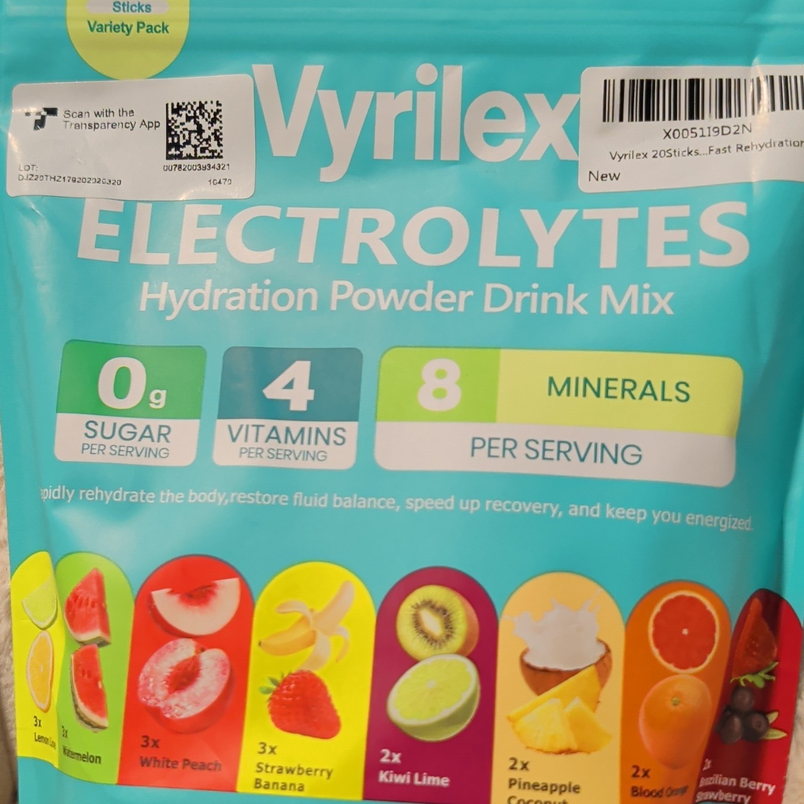 Vyrilex Electrolyte Hydration Powder Variety Pack 20 Sticks 7.05oz Sugar-Free
