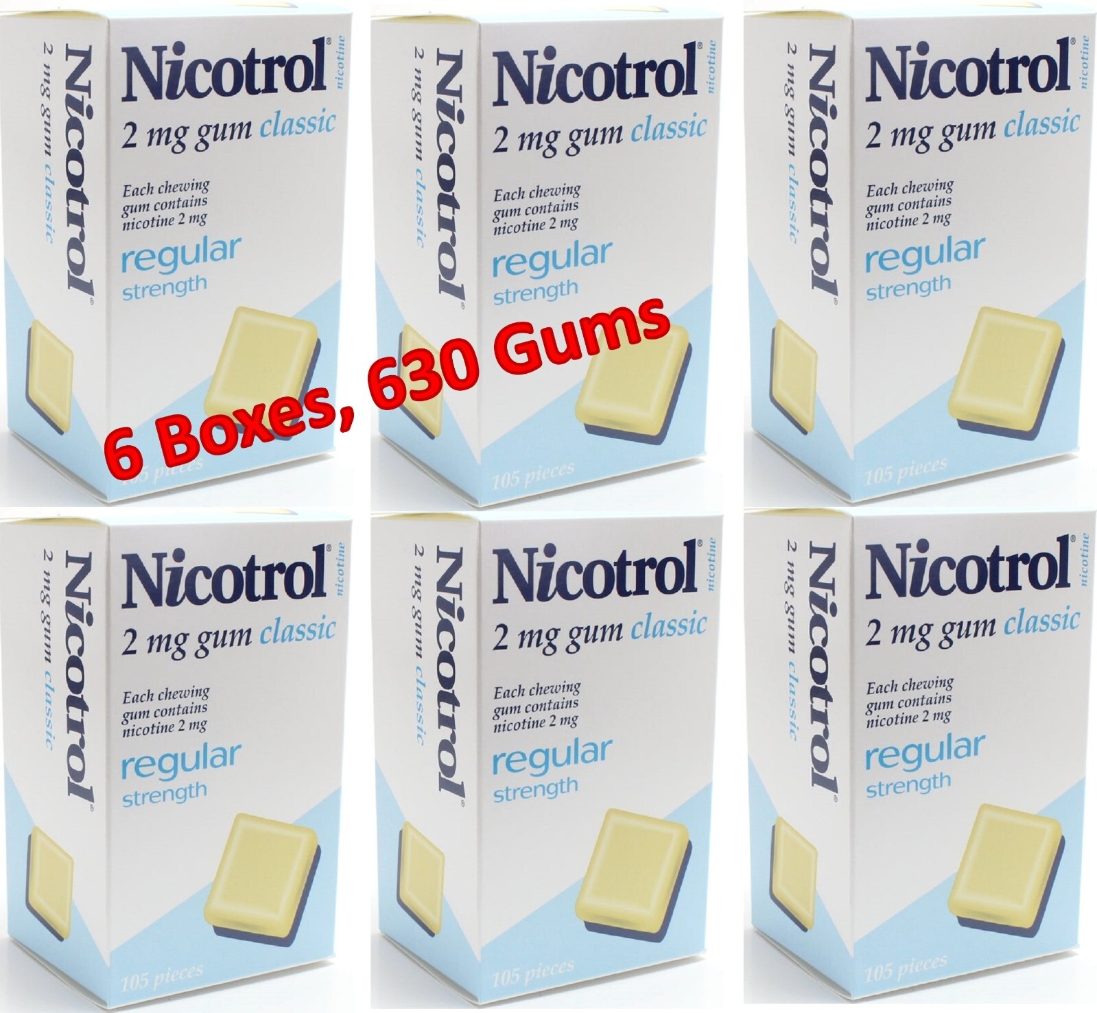 Nicotrol Nicotine Gum 2mg Classic. 6 Boxes of 105 Gums. Total 630. Exp 11/2025.