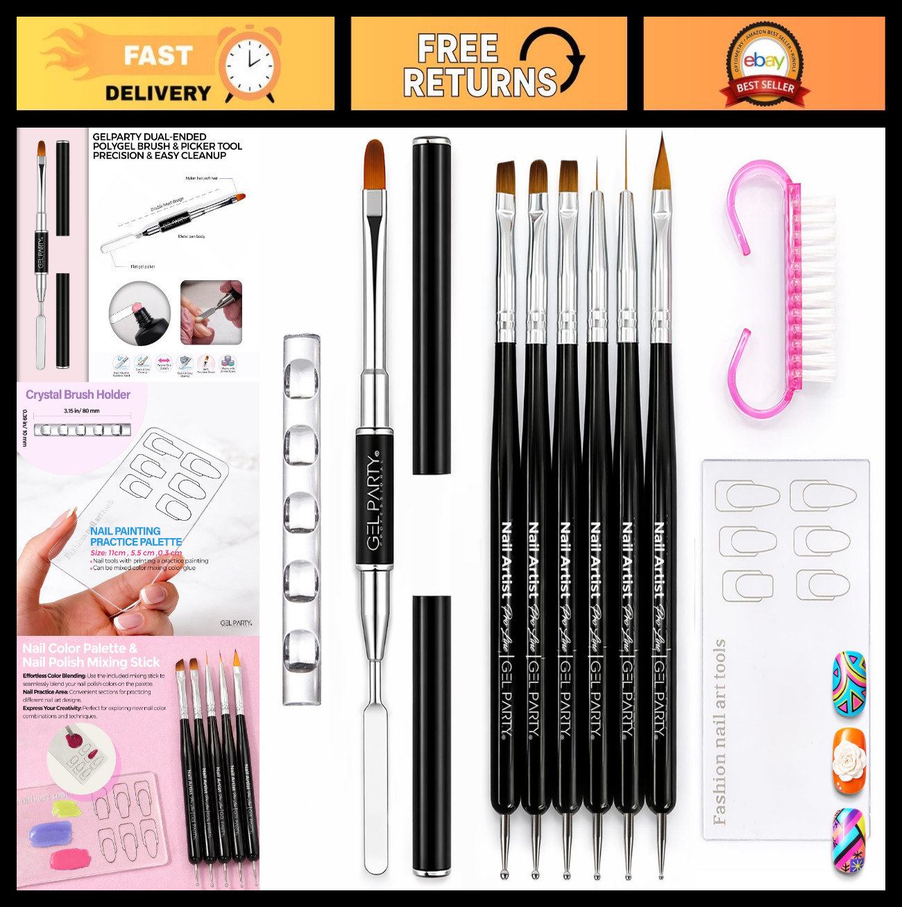 10 Pcs Dual-Ended Nail Art Brush Kit – Gel, Dotting Pens, Palette & Tools Set