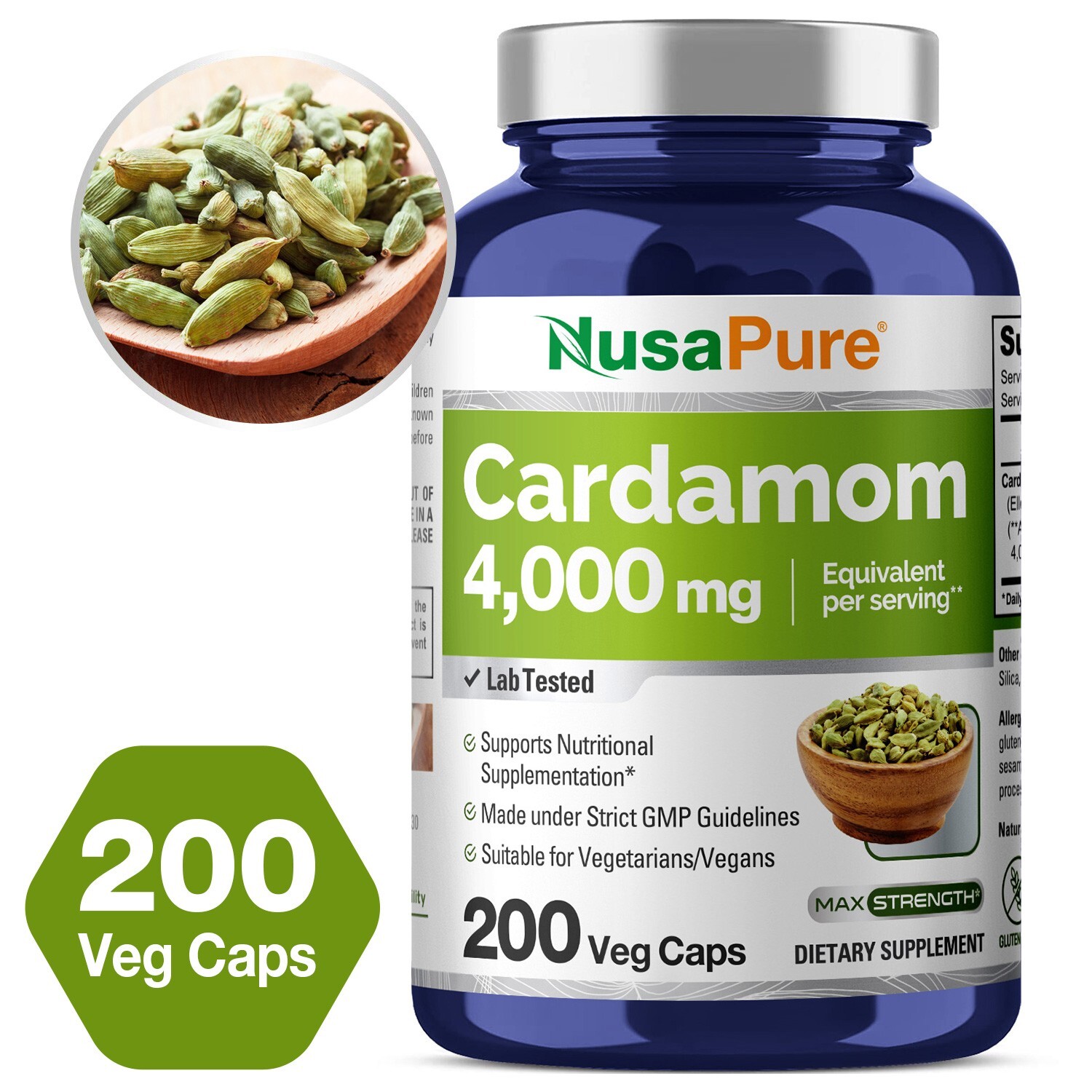 NusaPure Cardamom Extract 4000mg per serving – 200 Veg Caps Non-GMO Gluten Free