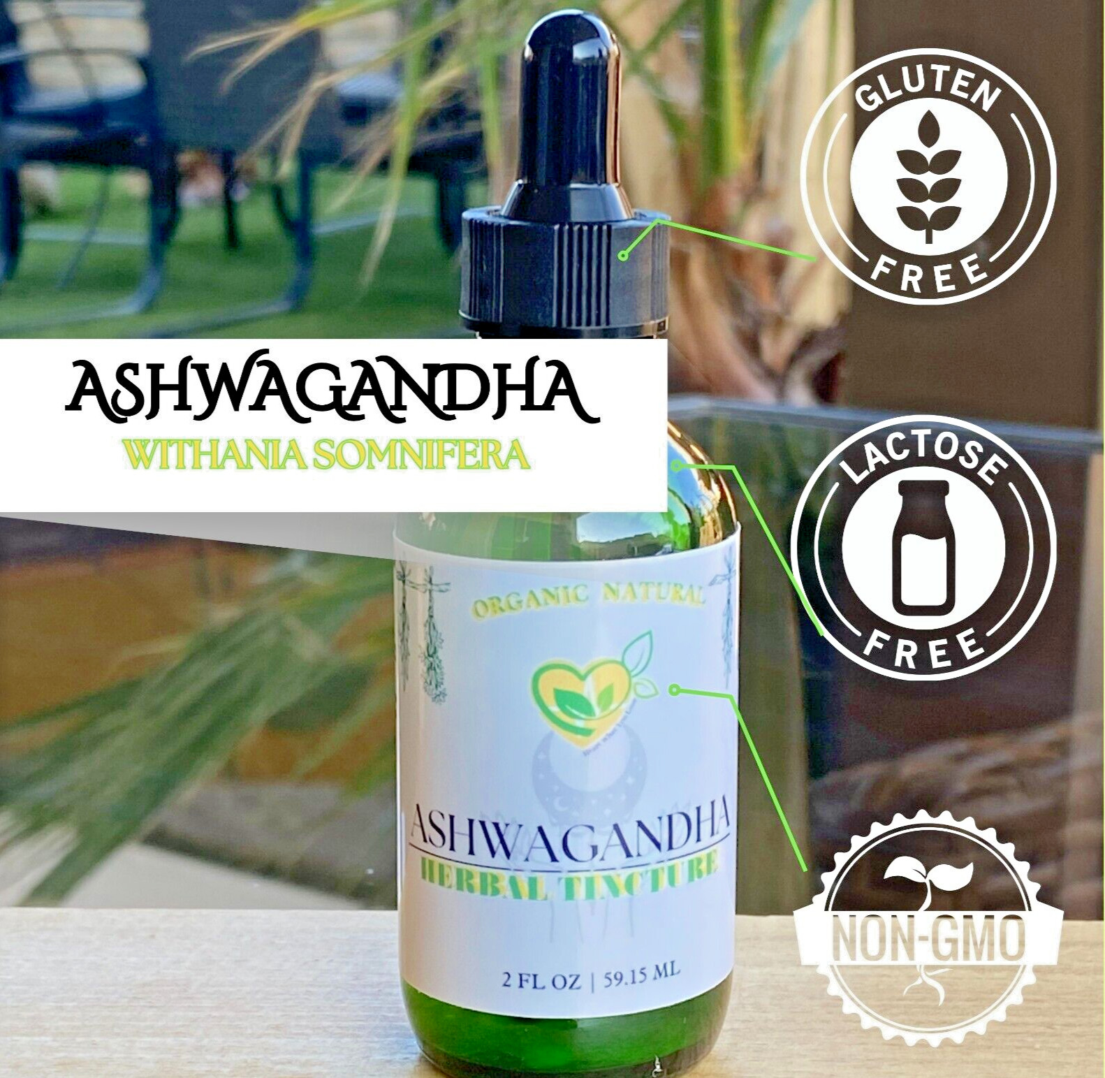 Ashwagandha Tincture Organic Liquid Root Drops 2 oz Natural Mood Stress Balance