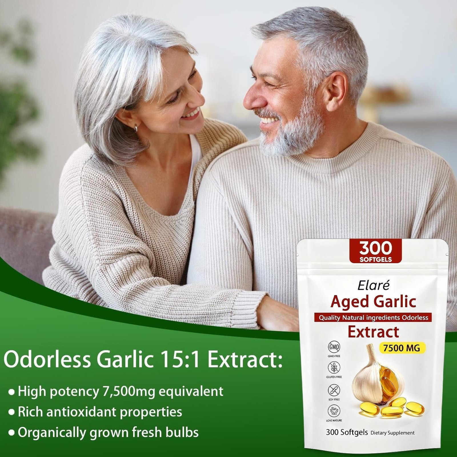 2 PACK Elare Aged Garlic Extract, 300 Softgels, 7500mg Odorless | Heart & Immune