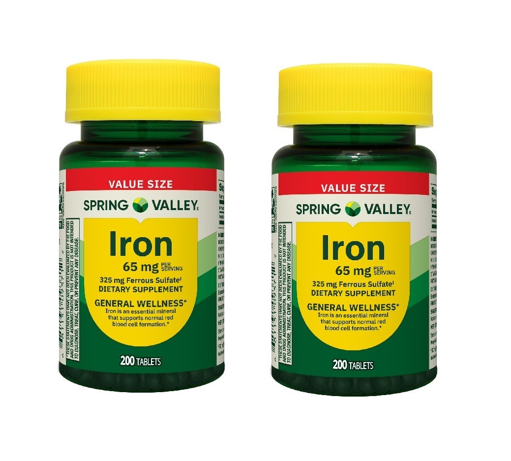 Spring Valley Iron 65 mg Dietary Supplement 200 Tablets Mineral Support 2 Pack