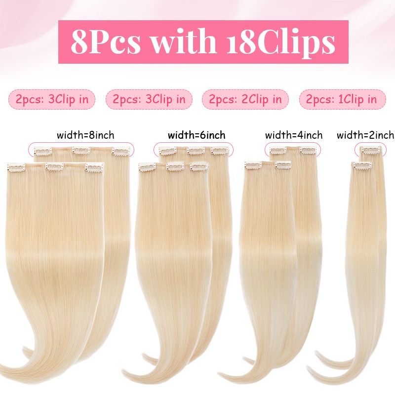 Clip In 100% Remy Real Human Hair Extensions 8 Pieces with 18 Clips Full Head