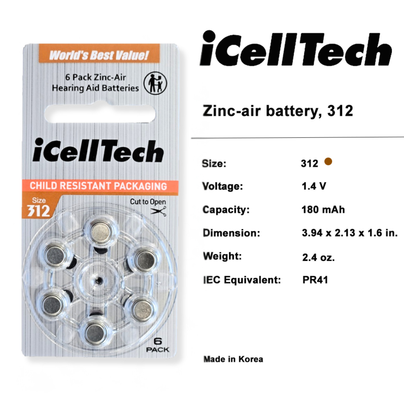 iCellTech Size 312 PR41 P312 Zinc Air MF Hearing Aid Batteries (120 Pack)