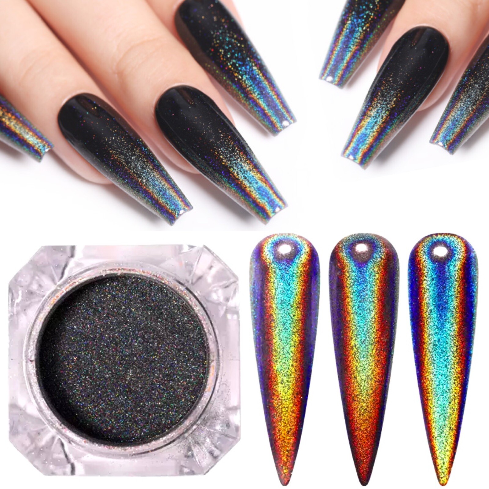 Black Holographic Shiny Nail Powder Unicorn Chrome Rainbow Effect Shimmer Nails