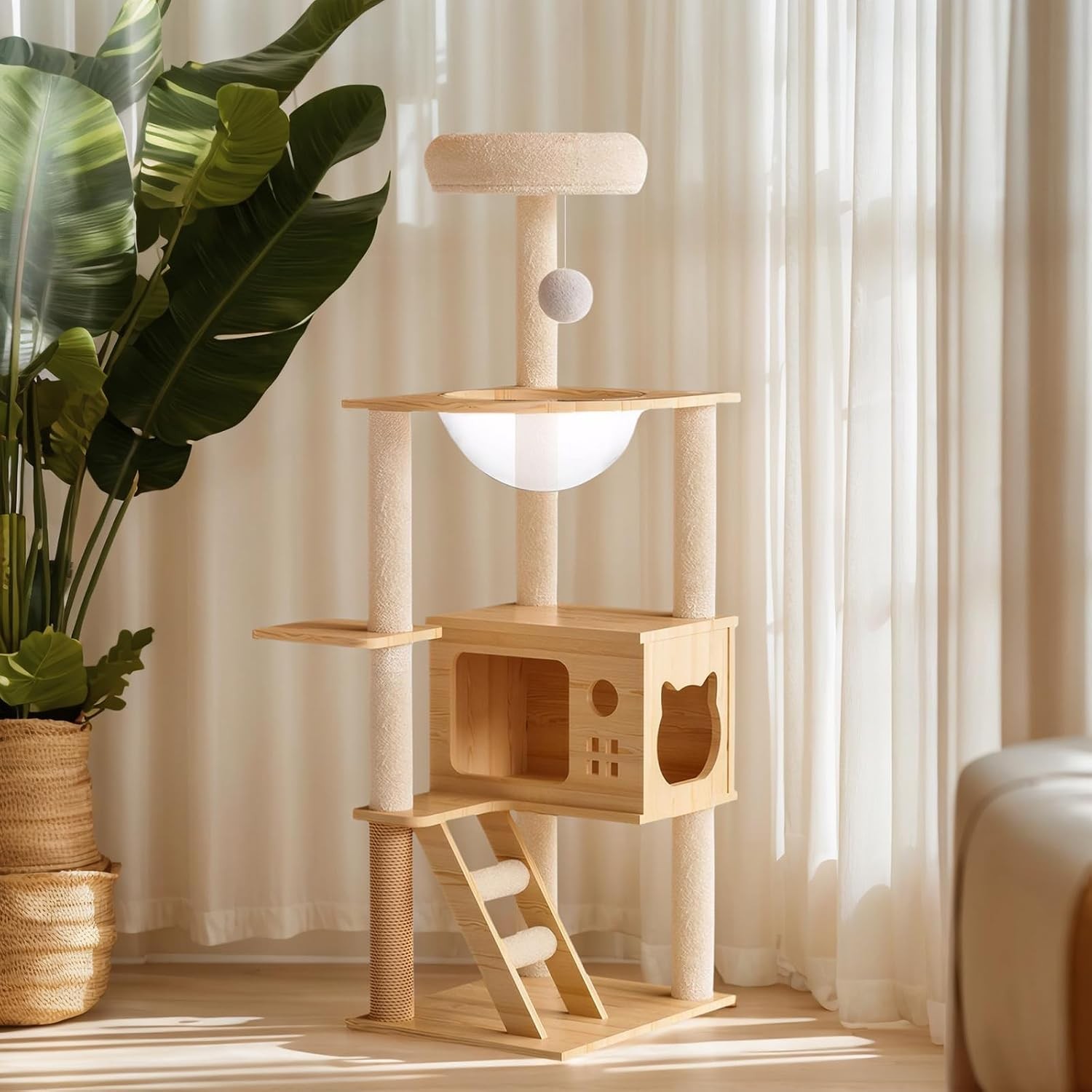Cat Tree & Litter Box Enclosure,Modern All-in-one Indoor Cats Tower with Large P