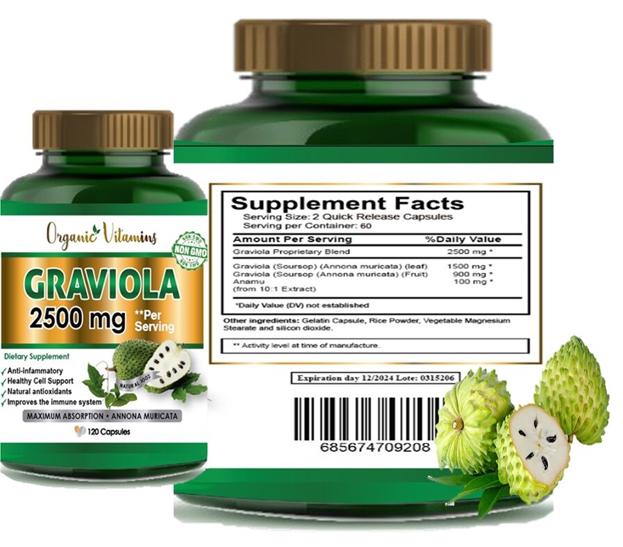 Graviola Capsules 2500mg 120 Pure Natural Soursop Capsules Leaves fruit Powder