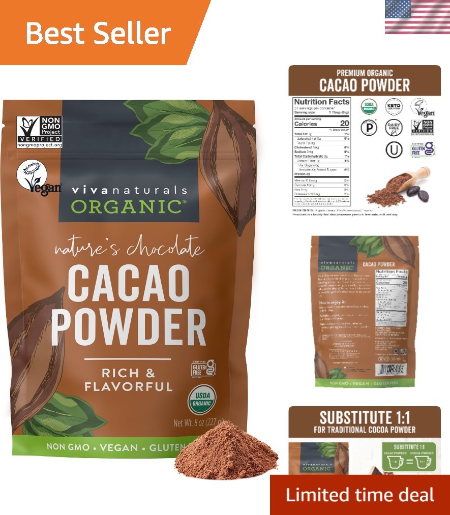 Organic Unsweetened Cacao Powder 8 oz – Rich Dark Chocolate for Smoothies & More