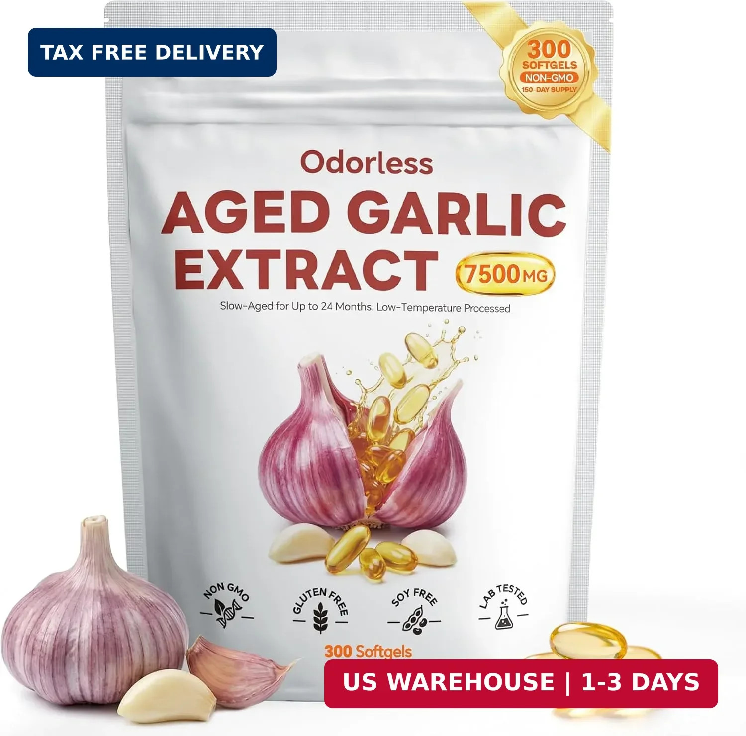 Aged Garlic Extract Softgels, Odorless 15:1 Formula, 300 Count | 2-year matured