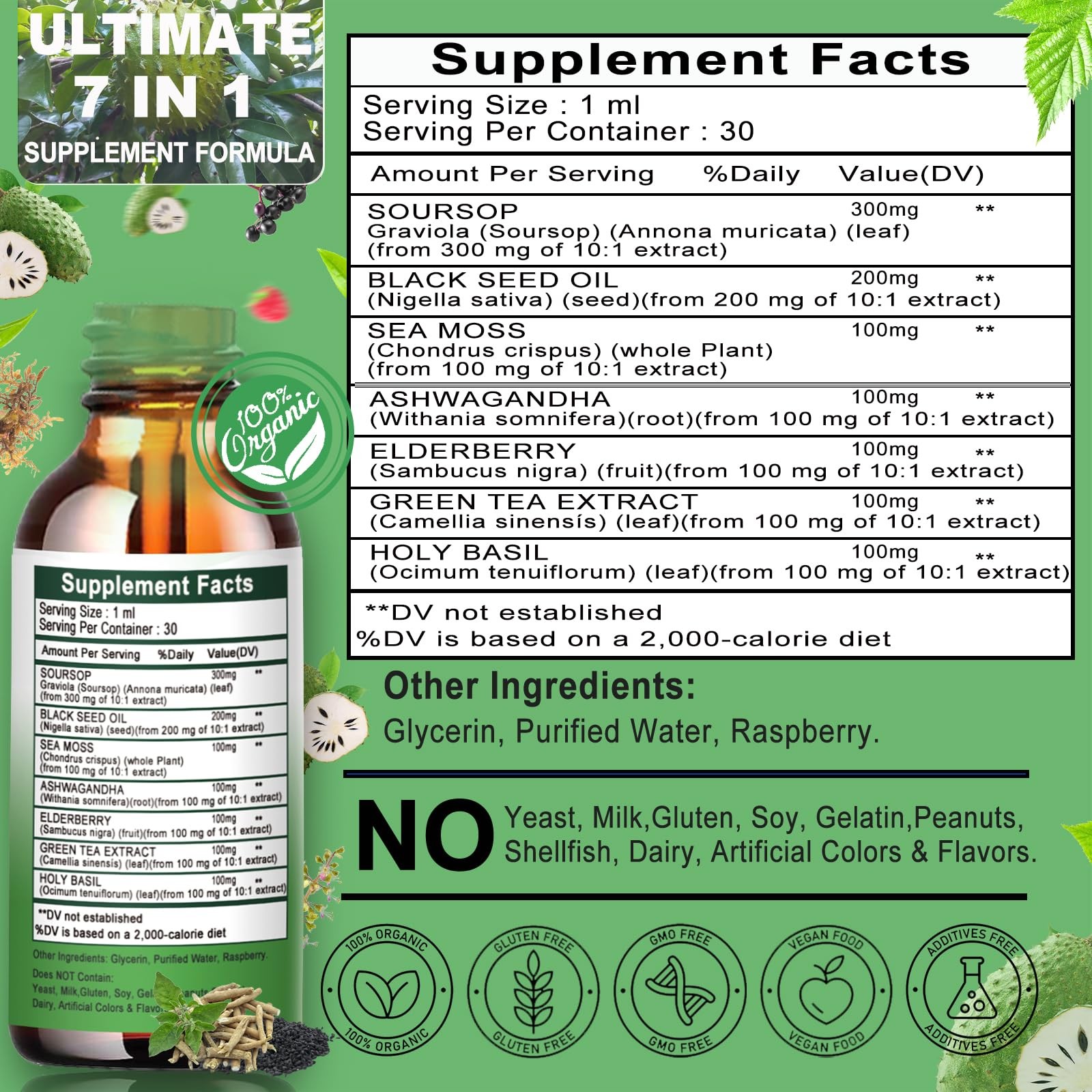 Soursop Drops,Soursop Bitters Liquid with Sea Moss Black Seed Oil Green Tea Extr