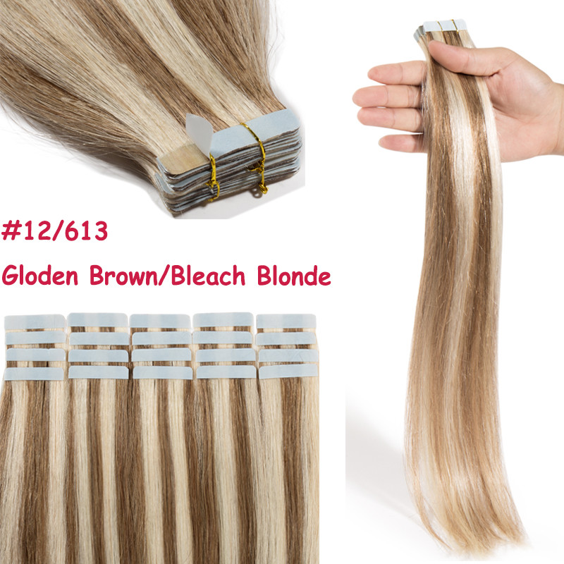 12-24inch Tape In Glue Remy Human Hair Extensions 150g Real Thick Long Blonde US