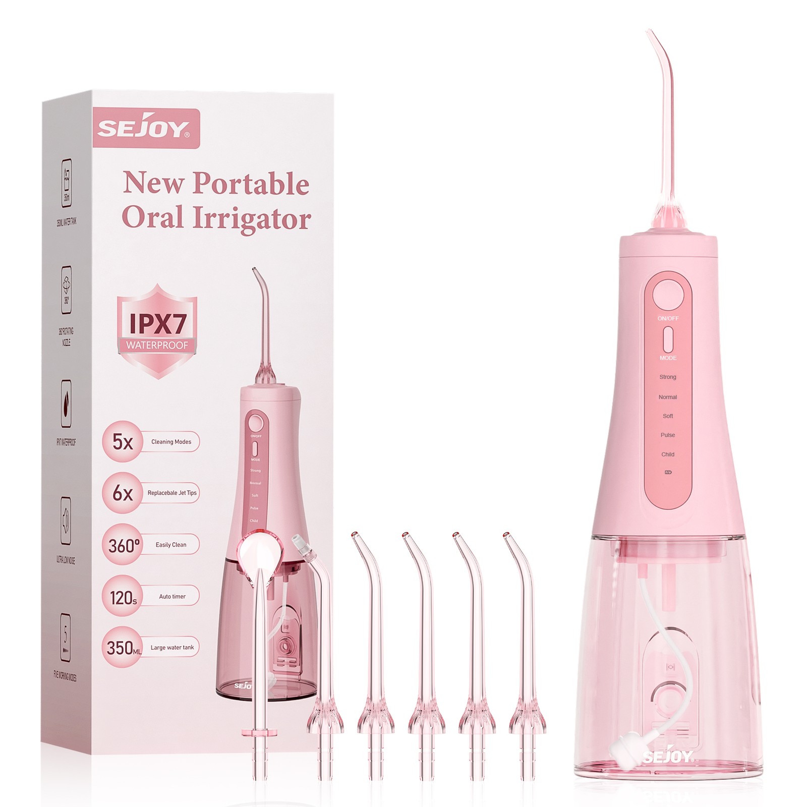 SEJOY Cordless Oral Irrigator For Teeth Water Flosser Dental Cleaner 6 Jet Tips