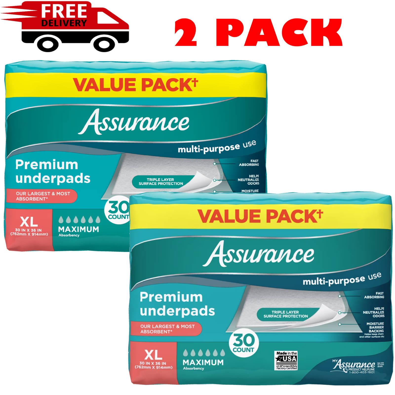 (2 Pack) Assurance Premium Underpads XL 30 Count, Disposable Absorbent Bed Pads