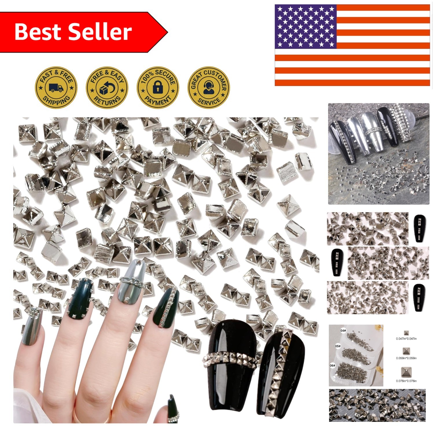 600 PCS Silver Pyramid Rivets for Nails – Durable & Reusable Metal Charms