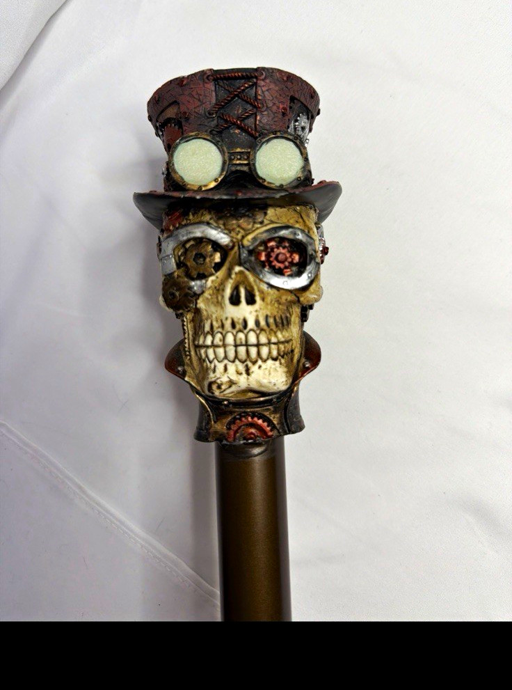 Decorative Steampunk Skull Handle Walking Cane, Top Hat & Goggles, Brown 38in
