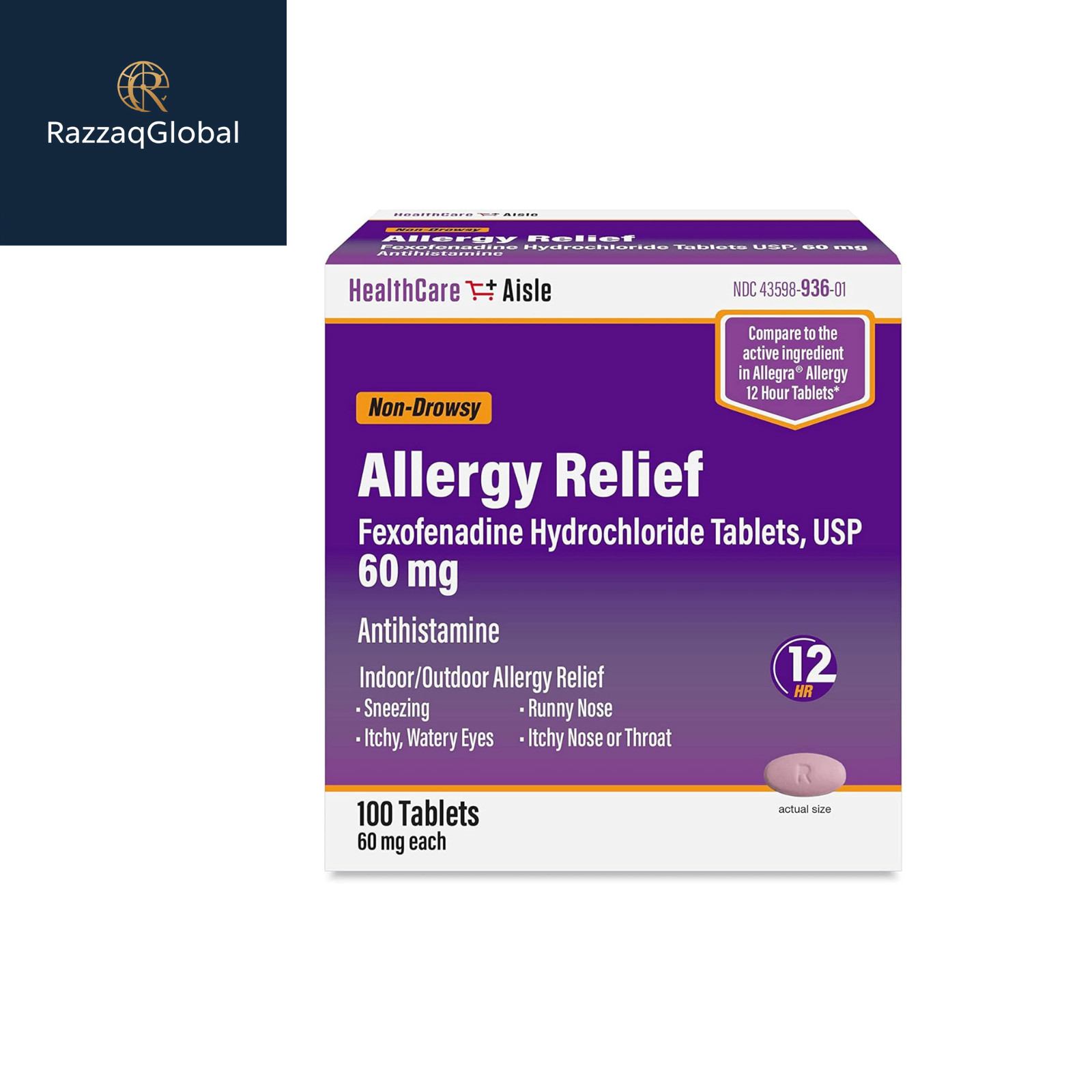 HealthCareAisle Fexofenadine 60mg Tablets, Non-Drowsy 12Hr Allergy Relie, 100 Ct
