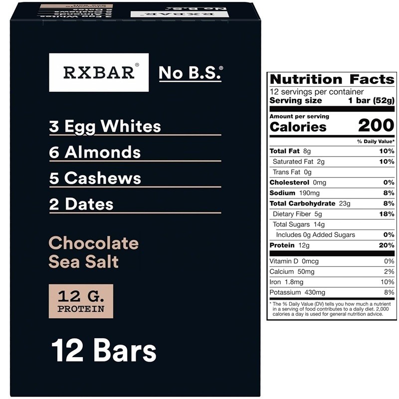 RXBAR Protein Bar Chocolate Sea Salt Snack Bar Healthy 1.83oz/Bar, 12 Bars/Box