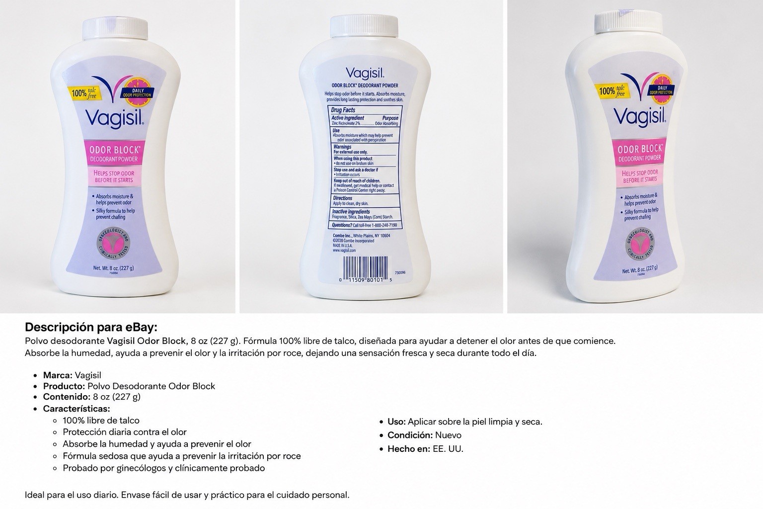 Vagisil Odor Block Deodorant Powder Talc-Free Zinc Undecylenate 2% 8 oz