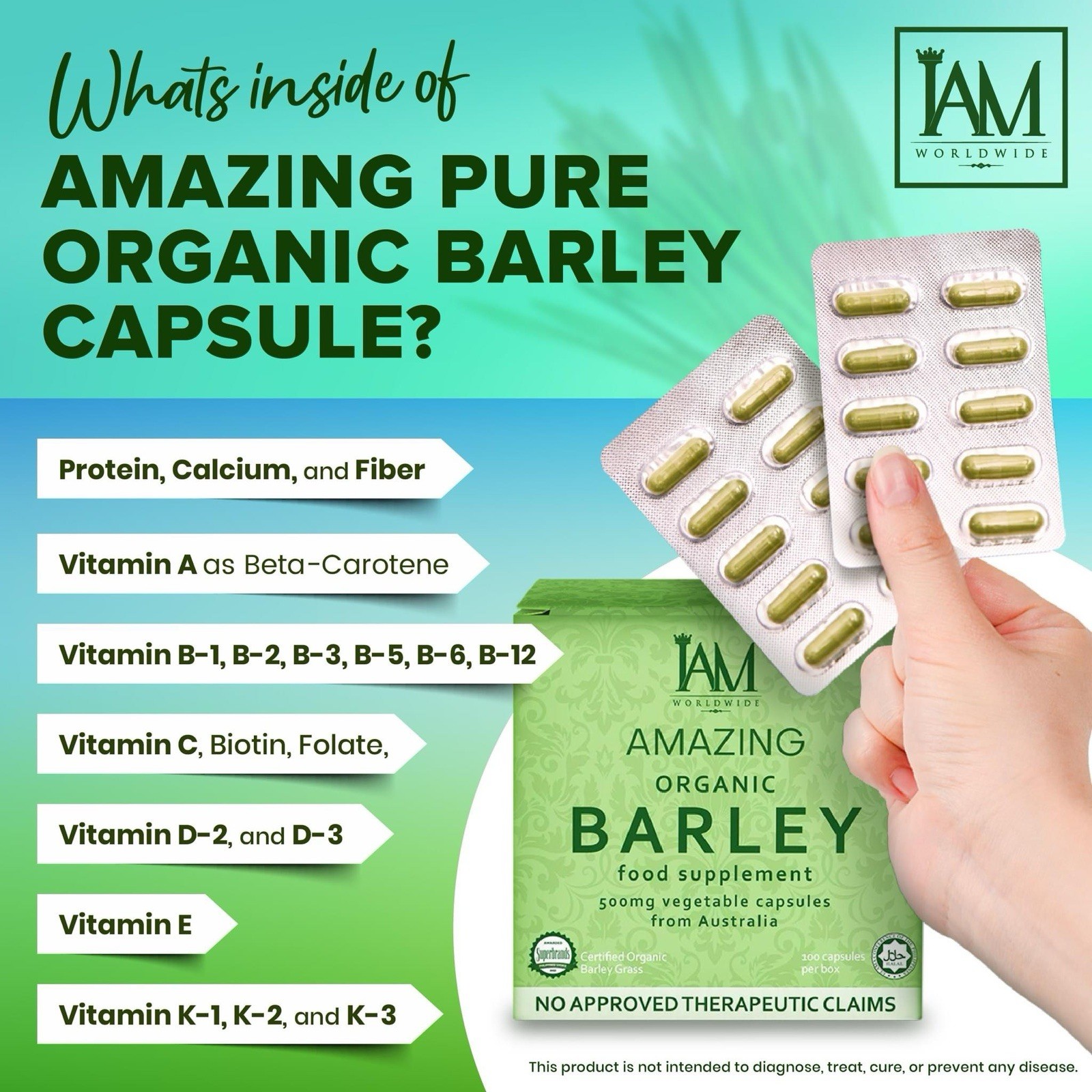 I AM Amazing Pure Organic Barley Capsule 100 Capsules Authentic