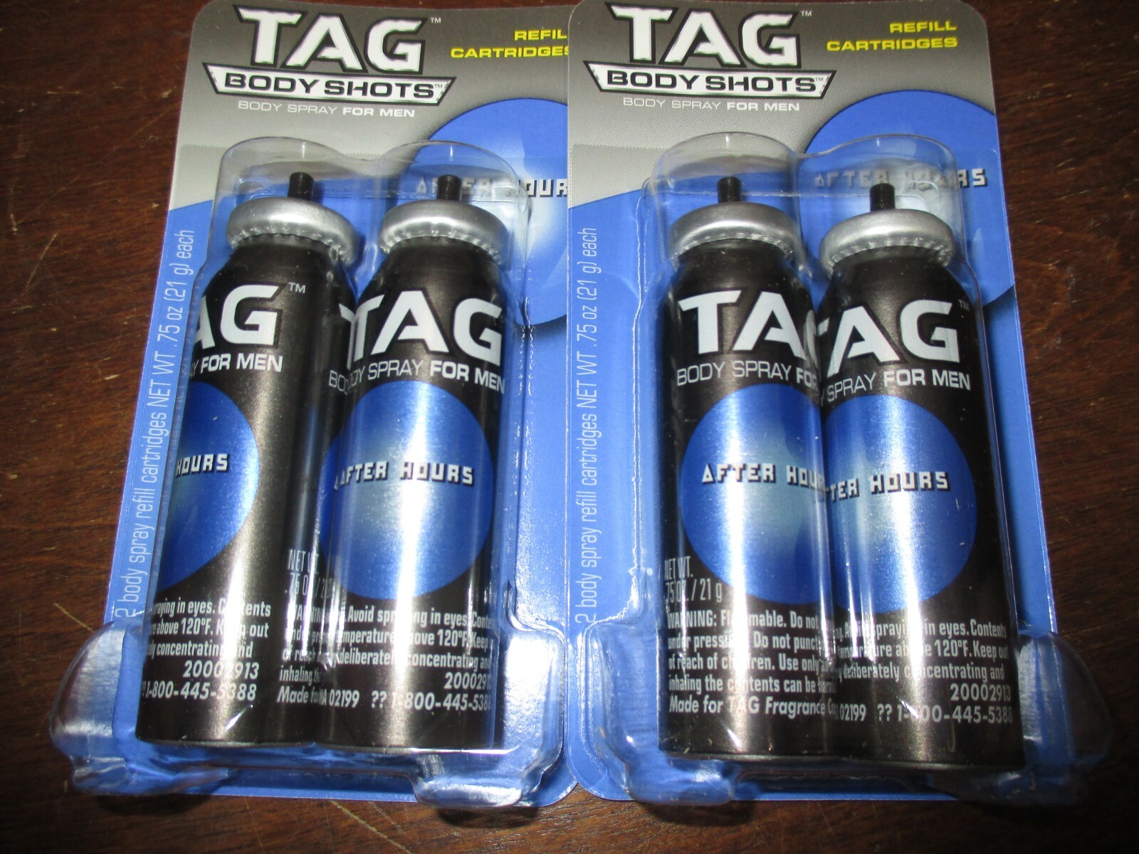 4 packs of 2 refills TAG BODY SHOTS SPRAY FOR MEN AFTER HOURS 0.75 oz each