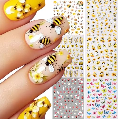 Spring Summer Flower Nails Stickers Decals Bee Butterfly Nails Art Bee Flower