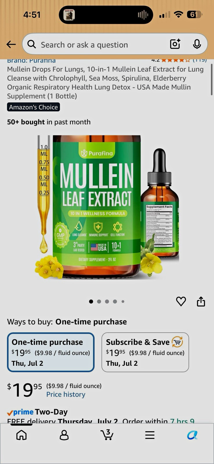 Purafina Mullein Leaf Extract Drops 60000mg 2 fl oz Vegan Liquid Oral