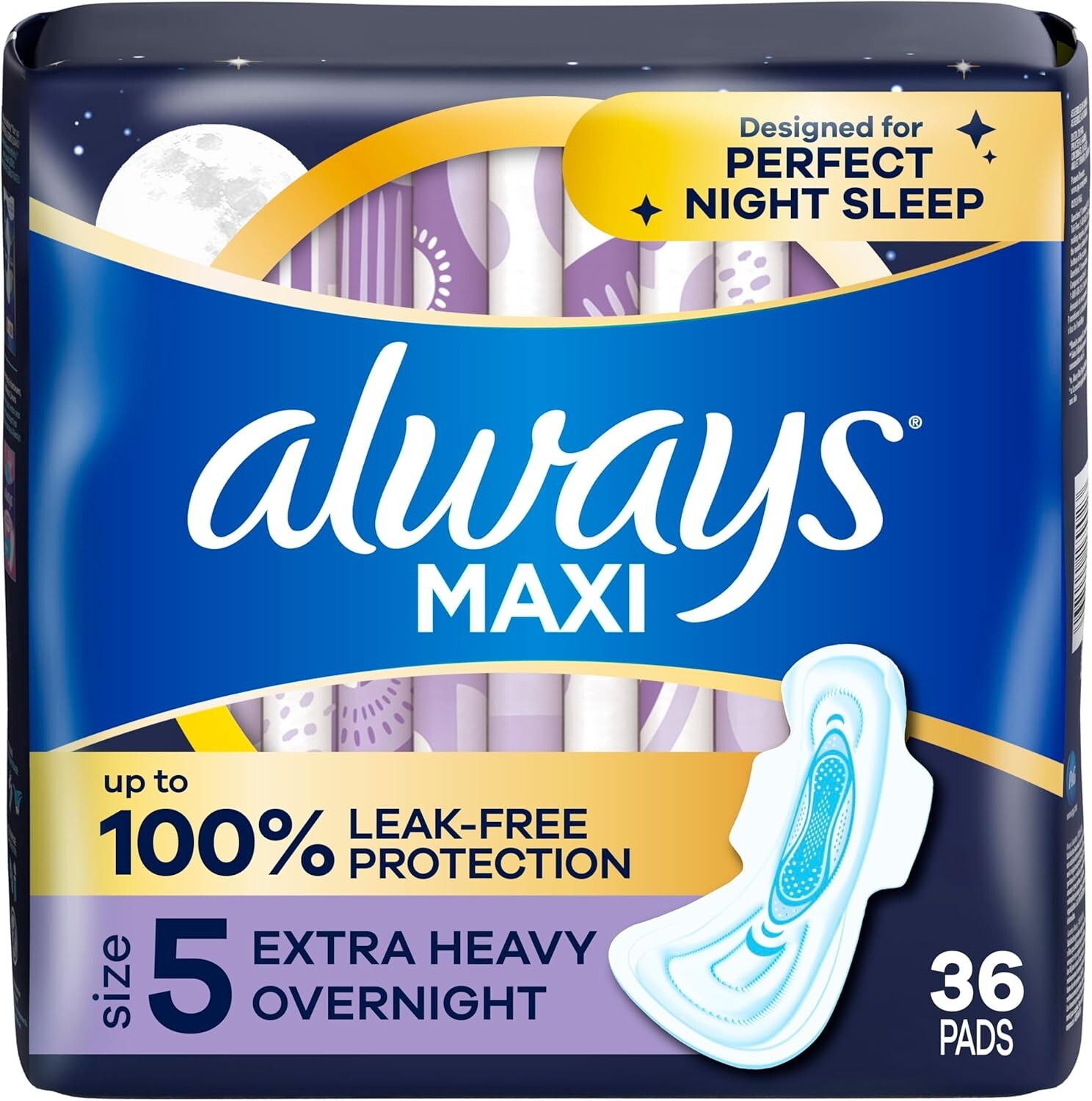 Always Maxi Pads with Wings, Size 5, Extra Heavy Overnight Absorbency – 36 CT