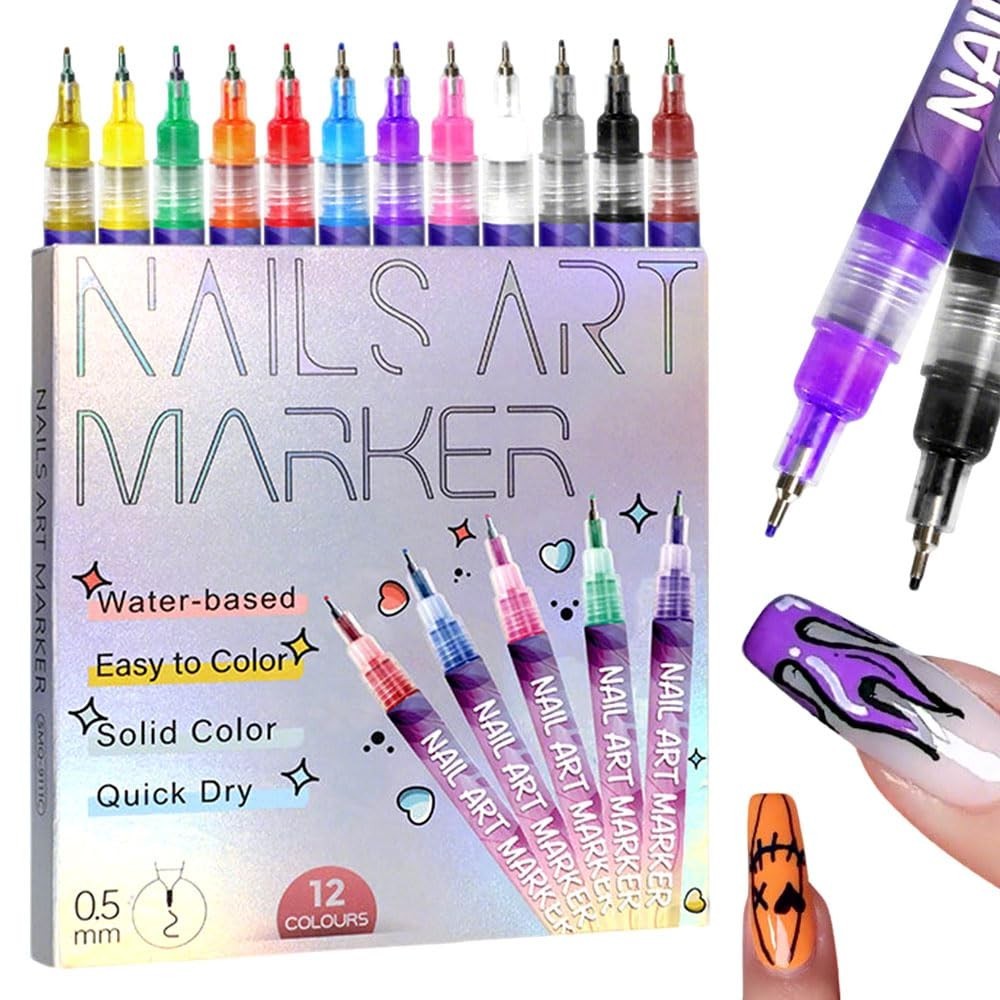 12Color Nail Art Marker Pen Set–0.5mm Fine Tip Quick Dry Gel Polish DIY Manicure