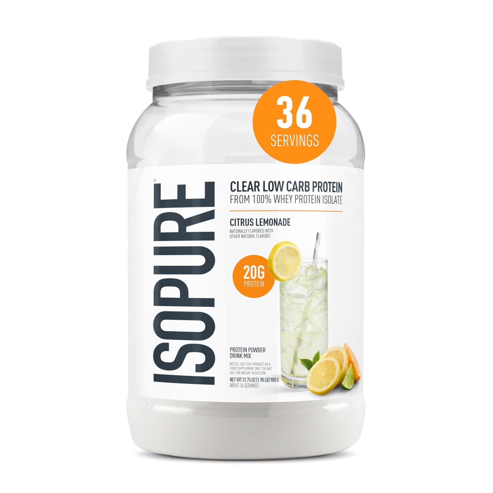 Isopure Clear Whey Isolate, Citrus Lemonade, 20g Protein, Lactose & Gluten Free