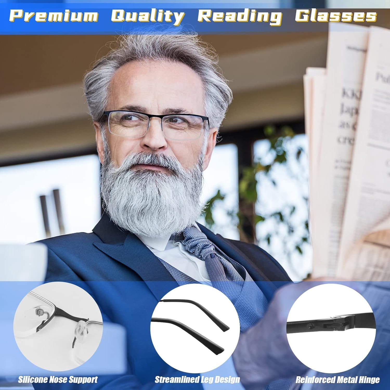 3 Pack Stylish Blue Light Blocking Reading Glasses for Men – 1.25X Magnification