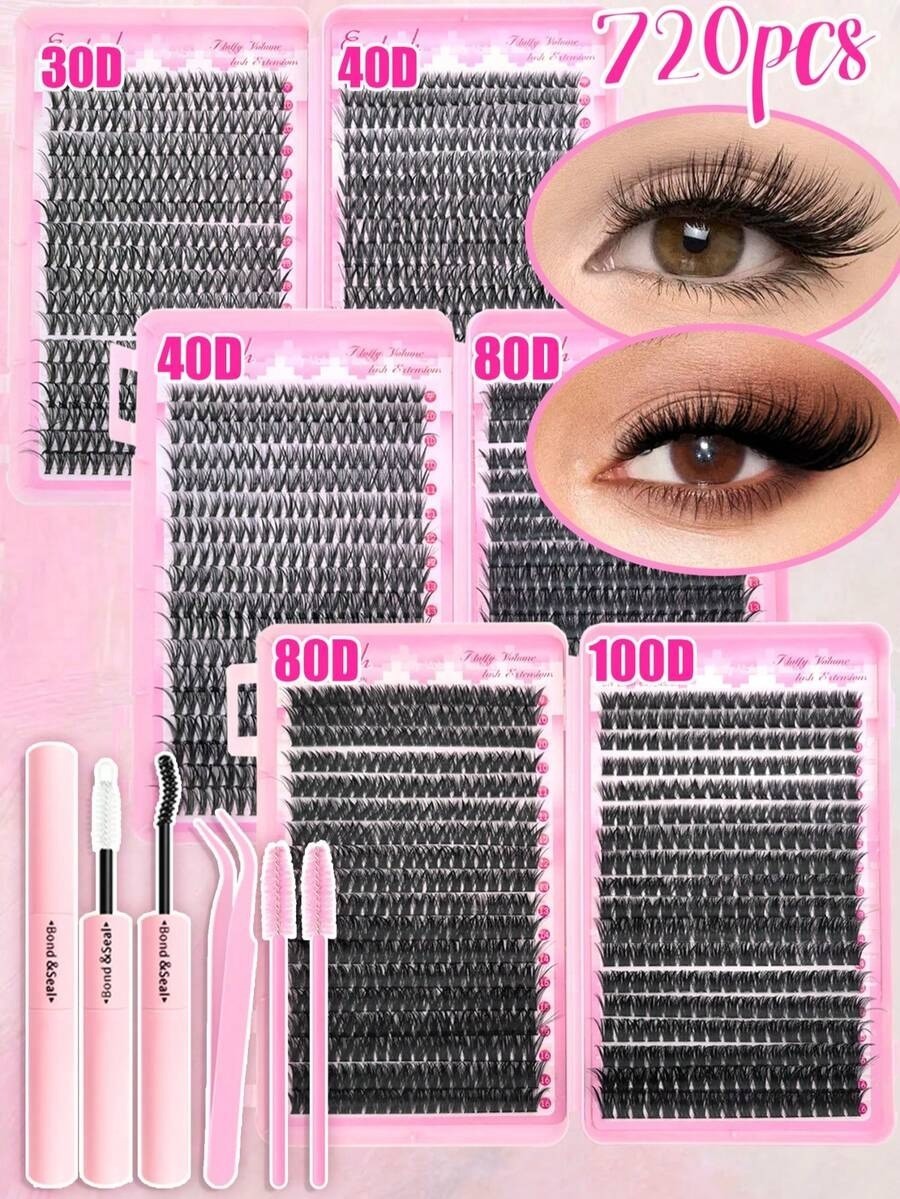 720pcs DIY Lash Extension Kit Bond & Seal Cluster Individual Eyelashes with Tool